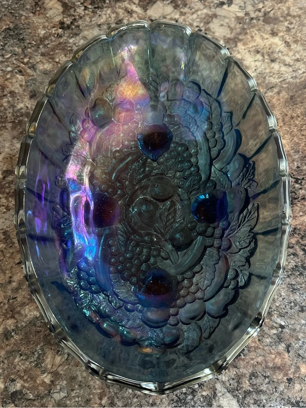 Vintage Blue and silver rainbow iridescent carnival glass fruit bowl